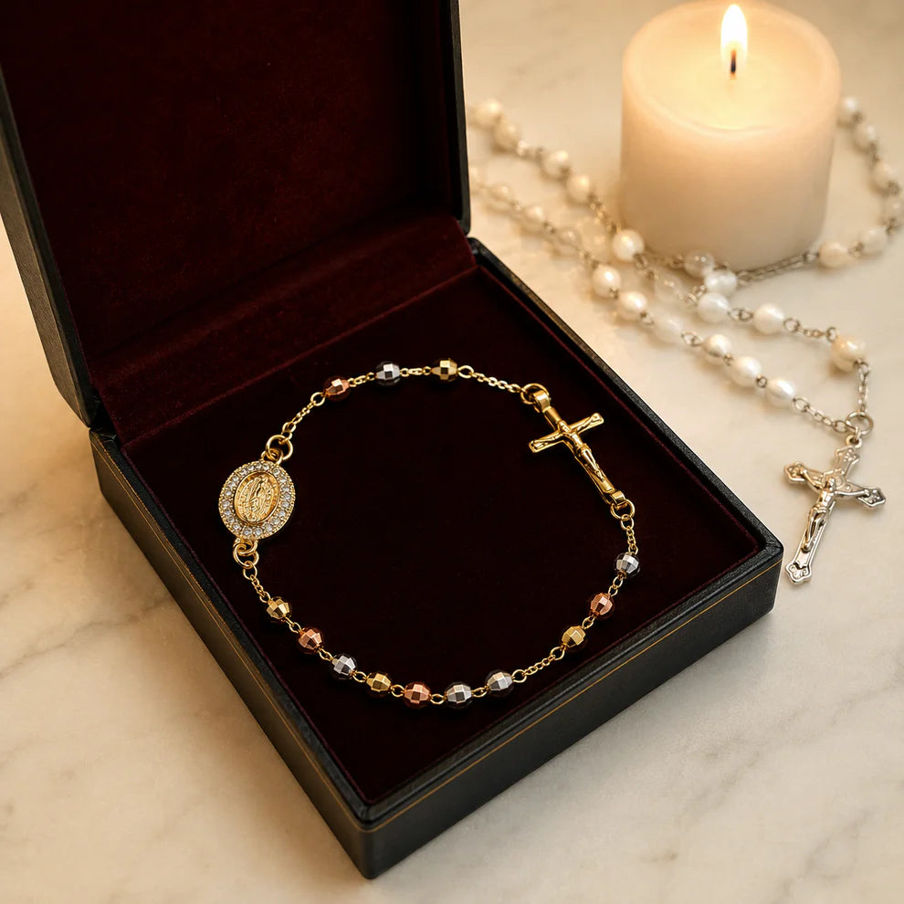 Pulsera Rosario Tricolor con Cruz y Medalla de la Virgen